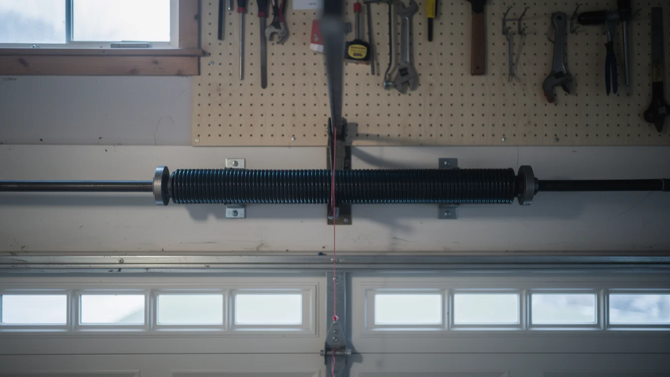 A torsion spring is mounted above a white garage door with windows.