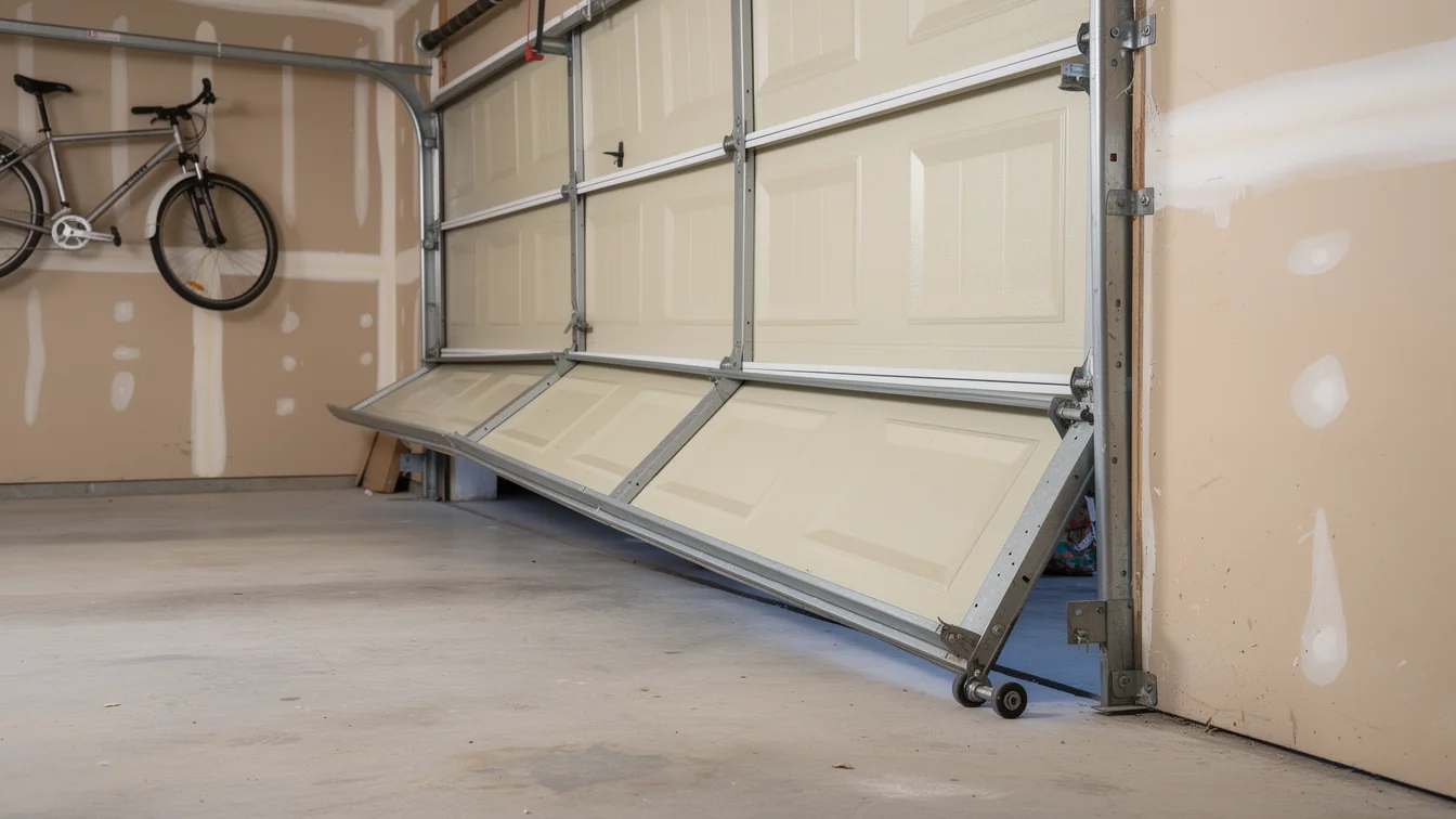 A beige garage door is off its tracks and partially open.
