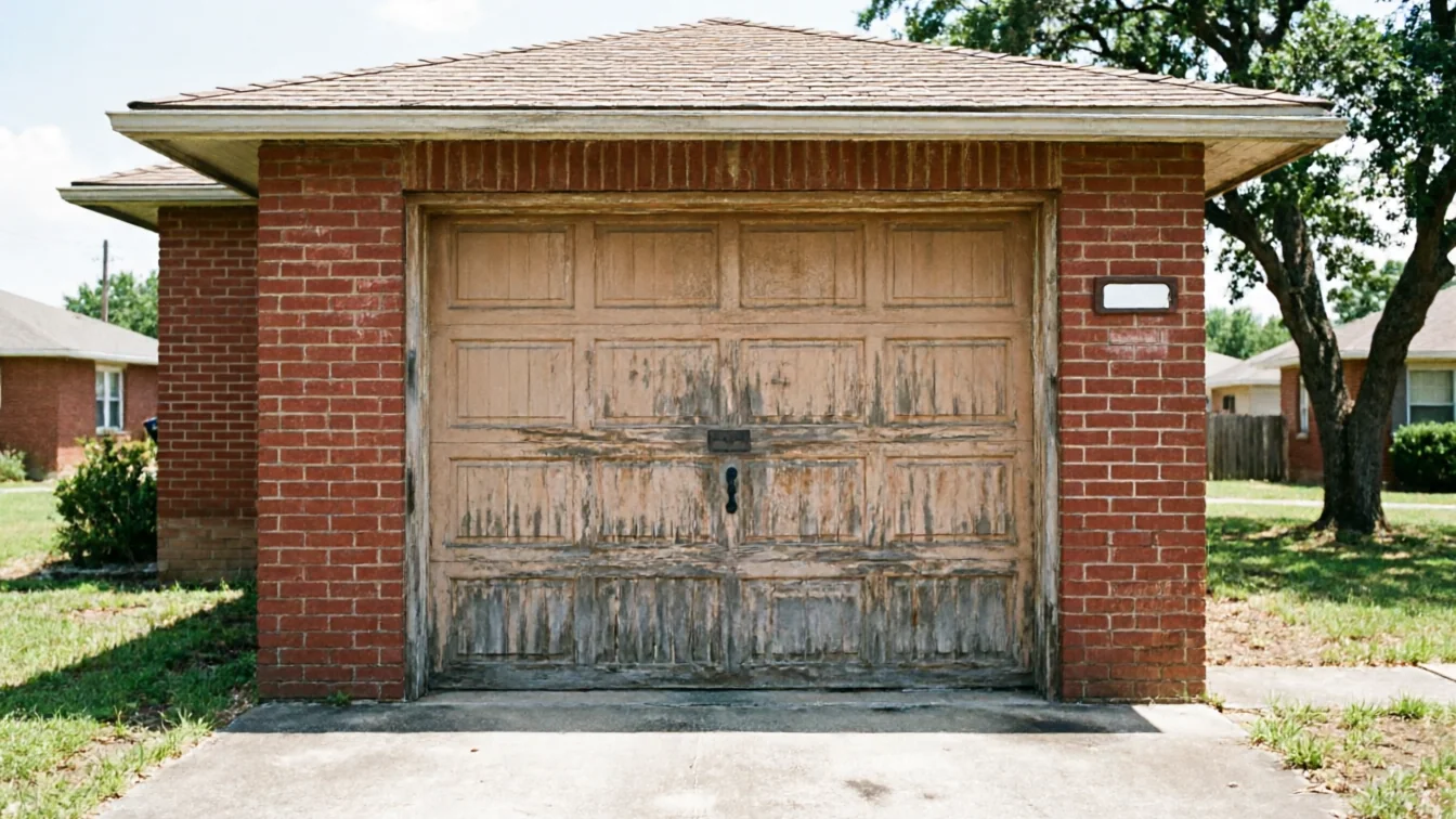 A weathered garage door with peeling paint on a brick garage.