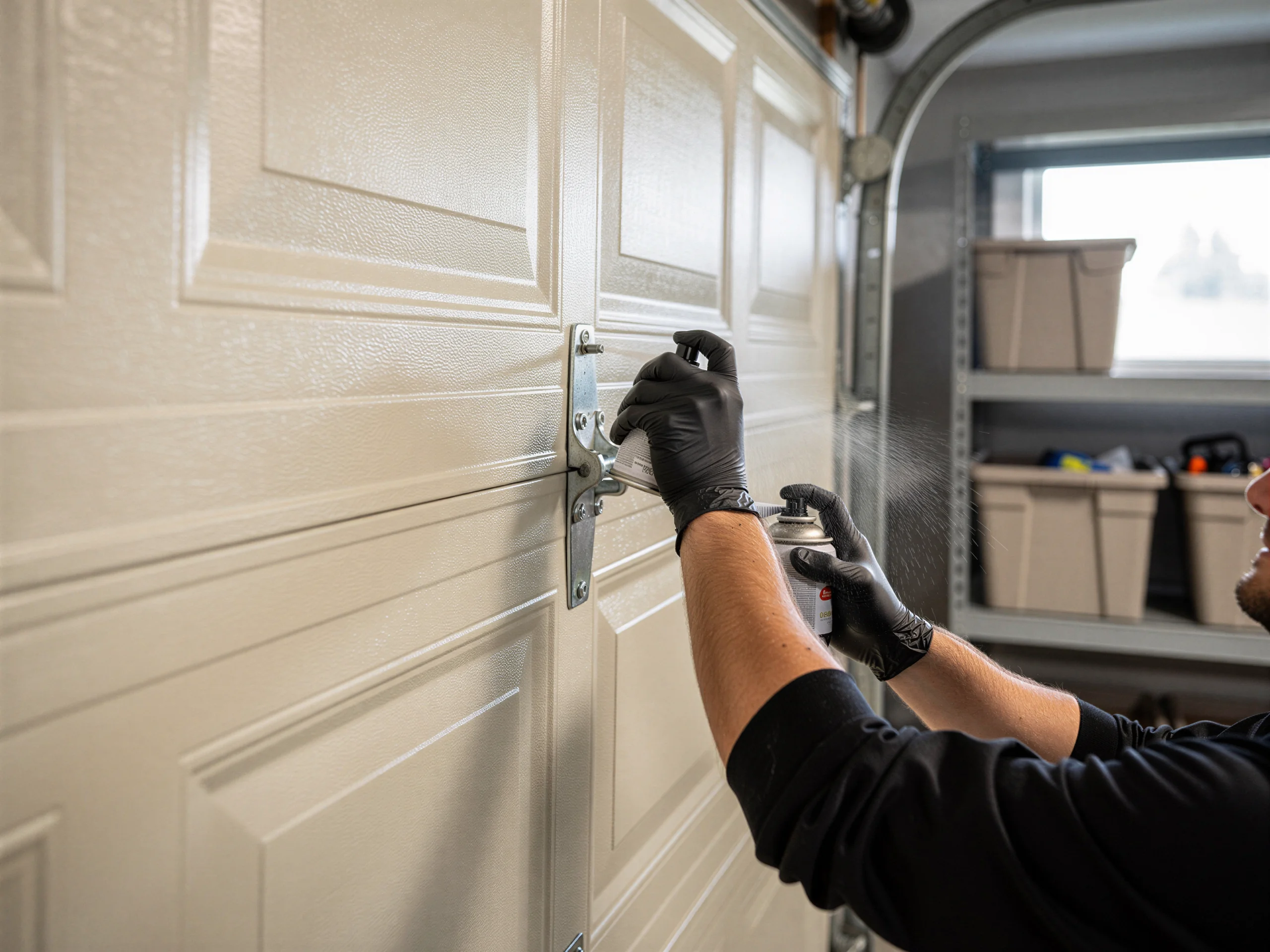 A technician in black gloves sprays lubricant on a beige garage door hinge.