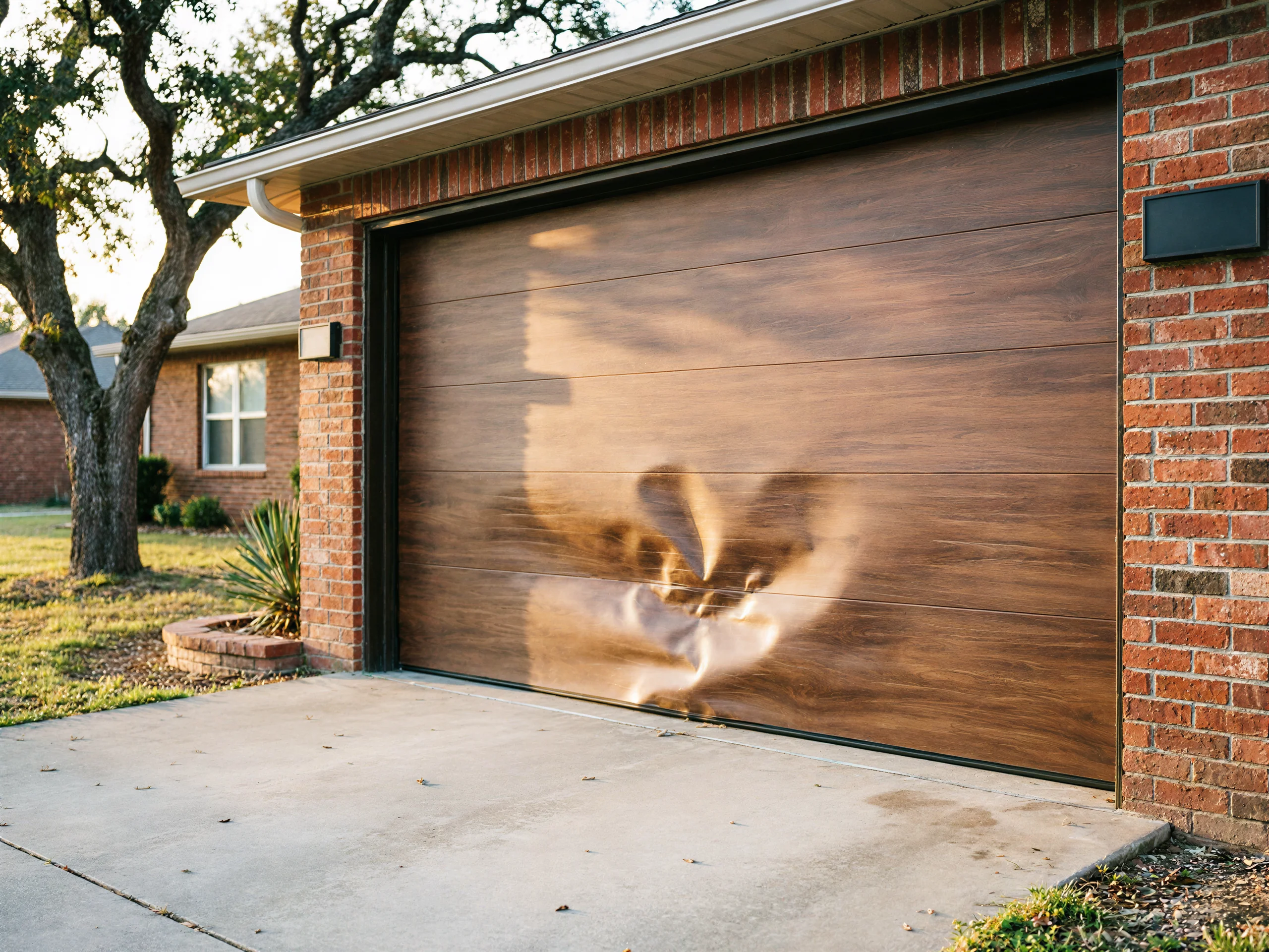 A damaged brown garage door is on a brick house with a concrete driveway.