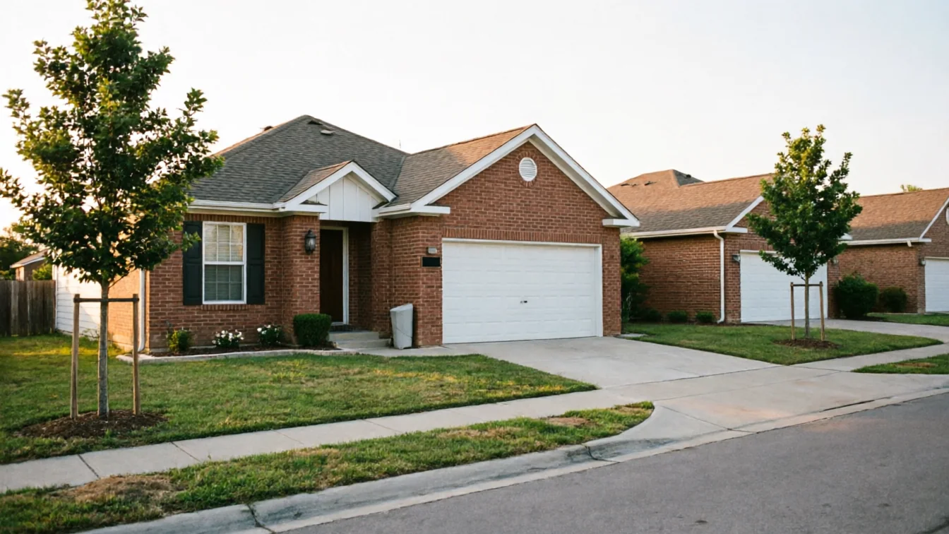 A brick house with a white garage door and a tree in the front yard.