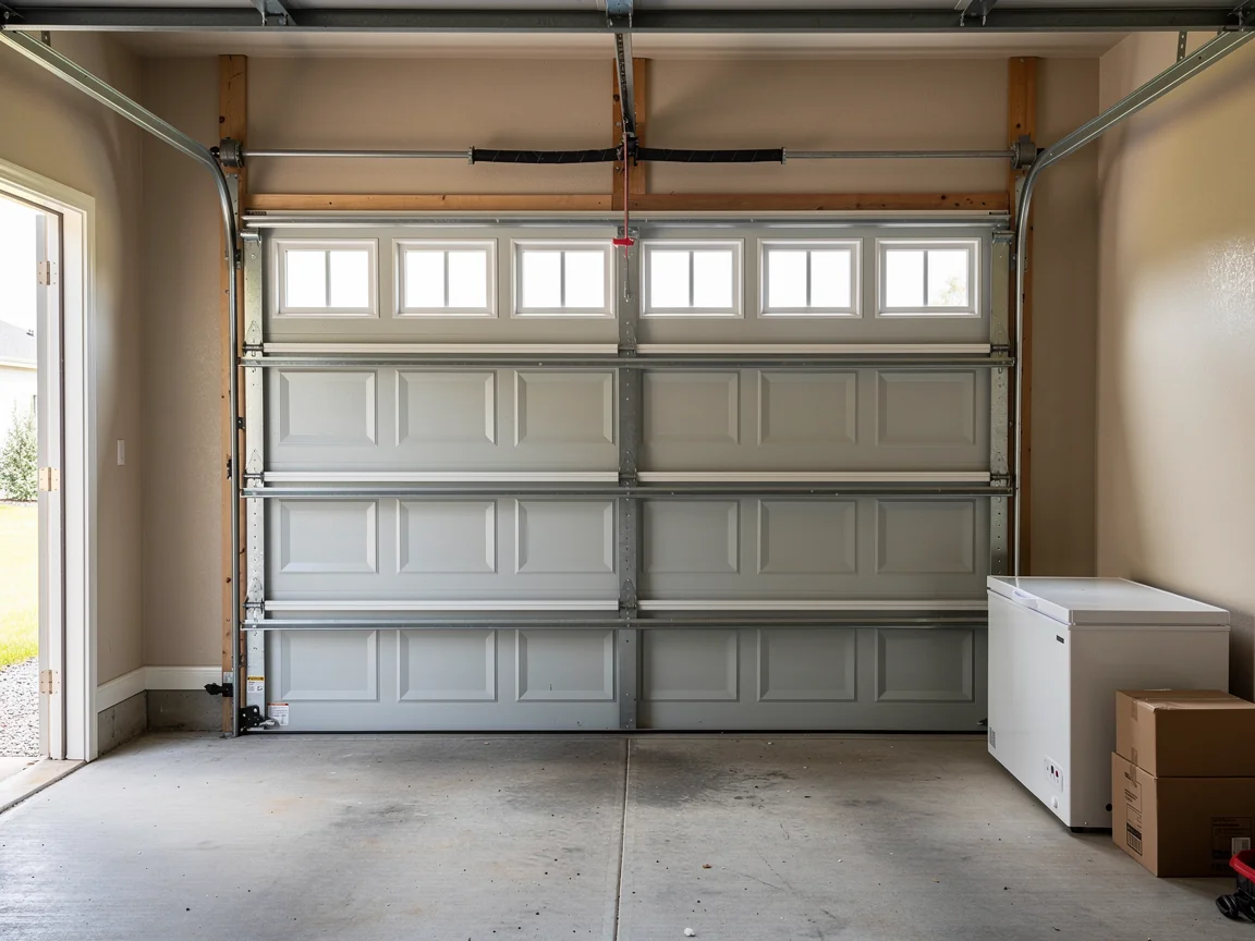 A closed gray garage door with windows is visible from inside a garage.