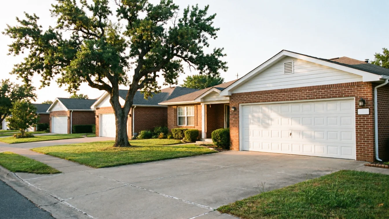 A row of brick houses with white garage doors and green lawns.