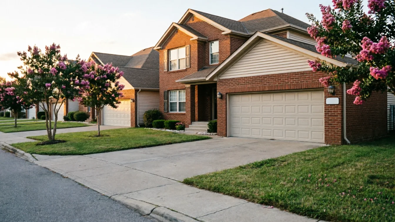 A two-story brick house with a beige garage door and pink flowering trees.